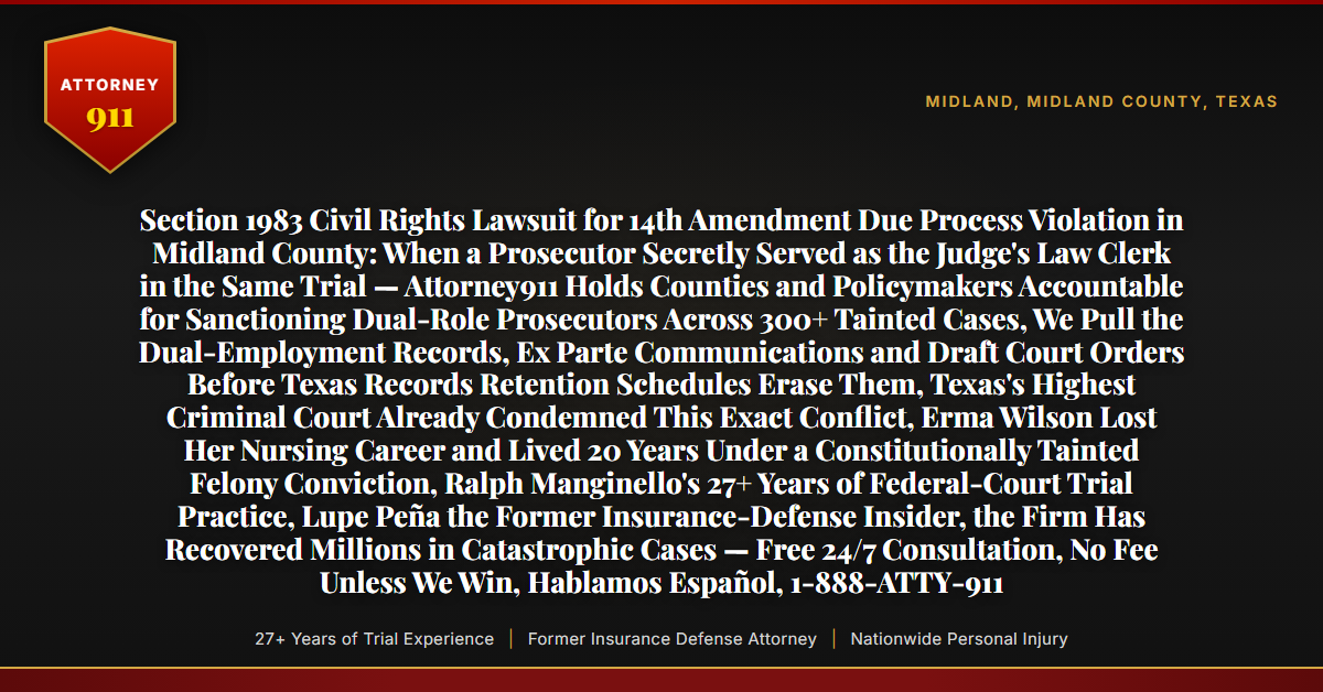 Section 1983 Civil Rights Lawsuit for 14th Amendment Due Process Violation in Midland County: When a Prosecutor Secretly Served as the Judge's Law Clerk in the Same Trial — Attorney911 Holds Counties and Policymakers Accountable for Sanctioning Dual-Role Prosecutors Across 300+ Tainted Cases, We Pull the Dual-Employment Records, Ex Parte Communications and Draft Court Orders Before Texas Records Retention Schedules Erase Them, Texas's Highest Criminal Court Already Condemned This Exact Conflict, Erma Wilson Lost Her Nursing Career and Lived 20 Years Under a Constitutionally Tainted Felony Conviction, Ralph Manginello's 27+ Years of Federal-Court Trial Practice, Lupe Peña the Former Insurance-Defense Insider, the Firm Has Recovered Millions in Catastrophic Cases — Free 24/7 Consultation, No Fee Unless We Win, Hablamos Español, 1-888-ATTY-911 - Attorney911