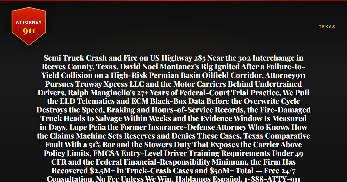 Semi Truck Crash and Fire on US Highway 285 Near the 302 Interchange in Reeves County, Texas, David Noel Montanez's Rig Ignited After a Failure-to-Yield Collision on a High-Risk Permian Basin Oilfield Corridor, Attorney911 Pursues Truway Xpress LLC and the Motor Carriers Behind Undertrained Drivers, Ralph Manginello's 27+ Years of Federal-Court Trial Practice, We Pull the ELD Telematics and ECM Black-Box Data Before the Overwrite Cycle Destroys the Speed, Braking and Hours-of-Service Records, the Fire-Damaged Truck Heads to Salvage Within Weeks and the Evidence Window Is Measured in Days, Lupe Peña the Former Insurance-Defense Attorney Who Knows How the Claims Machine Sets Reserves and Denies These Cases, Texas Comparative Fault With a 51% Bar and the Stowers Duty That Exposes the Carrier Above Policy Limits, FMCSA Entry-Level Driver Training Requirements Under 49 CFR and the Federal Financial-Responsibility Minimum, the Firm Has Recovered $2.5M+ in Truck-Crash Cases and $50M+ Total — Free 24/7 Consultation, No Fee Unless We Win, Hablamos Español, 1-888-ATTY-911 - Attorney911