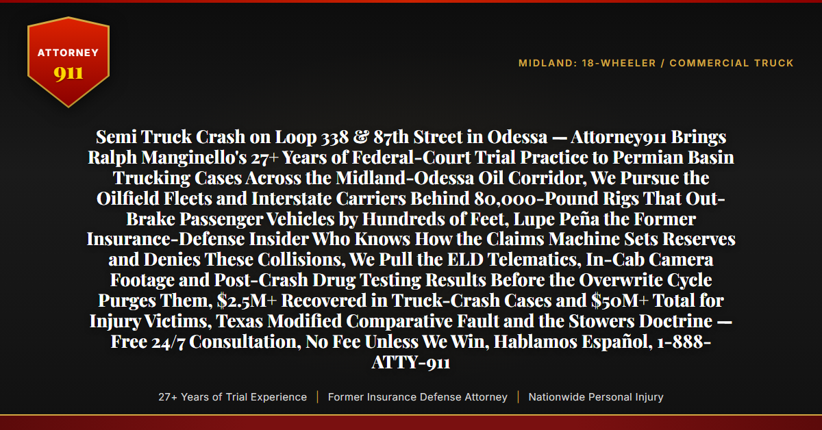 Semi Truck Crash on Loop 338 & 87th Street in Odessa — Attorney911 Brings Ralph Manginello's 27+ Years of Federal-Court Trial Practice to Permian Basin Trucking Cases Across the Midland-Odessa Oil Corridor, We Pursue the Oilfield Fleets and Interstate Carriers Behind 80,000-Pound Rigs That Out-Brake Passenger Vehicles by Hundreds of Feet, Lupe Peña the Former Insurance-Defense Insider Who Knows How the Claims Machine Sets Reserves and Denies These Collisions, We Pull the ELD Telematics, In-Cab Camera Footage and Post-Crash Drug Testing Results Before the Overwrite Cycle Purges Them, $2.5M+ Recovered in Truck-Crash Cases and $50M+ Total for Injury Victims, Texas Modified Comparative Fault and the Stowers Doctrine — Free 24/7 Consultation, No Fee Unless We Win, Hablamos Español, 1-888-ATTY-911 - Attorney911
