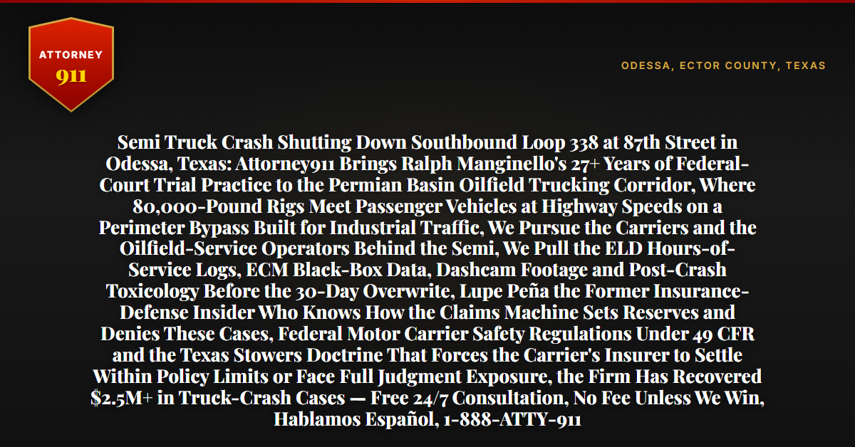 Semi Truck Crash Shutting Down Southbound Loop 338 at 87th Street in Odessa, Texas: Attorney911 Brings Ralph Manginello's 27+ Years of Federal-Court Trial Practice to the Permian Basin Oilfield Trucking Corridor, Where 80,000-Pound Rigs Meet Passenger Vehicles at Highway Speeds on a Perimeter Bypass Built for Industrial Traffic, We Pursue the Carriers and the Oilfield-Service Operators Behind the Semi, We Pull the ELD Hours-of-Service Logs, ECM Black-Box Data, Dashcam Footage and Post-Crash Toxicology Before the 30-Day Overwrite, Lupe Peña the Former Insurance-Defense Insider Who Knows How the Claims Machine Sets Reserves and Denies These Cases, Federal Motor Carrier Safety Regulations Under 49 CFR and the Texas Stowers Doctrine That Forces the Carrier's Insurer to Settle Within Policy Limits or Face Full Judgment Exposure, the Firm Has Recovered $2.5M+ in Truck-Crash Cases — Free 24/7 Consultation, No Fee Unless We Win, Hablamos Español, 1-888-ATTY-911 - Attorney911