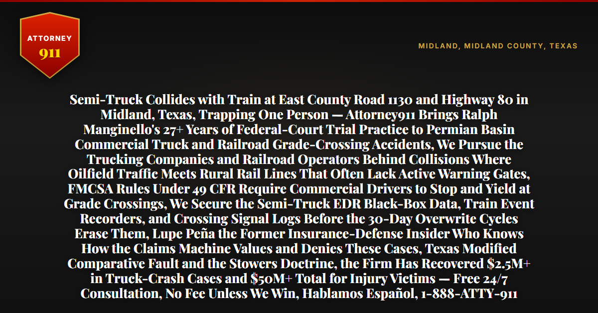 Semi-Truck Collides with Train at East County Road 1130 and Highway 80 in Midland, Texas, Trapping One Person — Attorney911 Brings Ralph Manginello's 27+ Years of Federal-Court Trial Practice to Permian Basin Commercial Truck and Railroad Grade-Crossing Accidents, We Pursue the Trucking Companies and Railroad Operators Behind Collisions Where Oilfield Traffic Meets Rural Rail Lines That Often Lack Active Warning Gates, FMCSA Rules Under 49 CFR Require Commercial Drivers to Stop and Yield at Grade Crossings, We Secure the Semi-Truck EDR Black-Box Data, Train Event Recorders, and Crossing Signal Logs Before the 30-Day Overwrite Cycles Erase Them, Lupe Peña the Former Insurance-Defense Insider Who Knows How the Claims Machine Values and Denies These Cases, Texas Modified Comparative Fault and the Stowers Doctrine, the Firm Has Recovered $2.5M+ in Truck-Crash Cases and $50M+ Total for Injury Victims — Free 24/7 Consultation, No Fee Unless We Win, Hablamos Español, 1-888-ATTY-911 - Attorney911