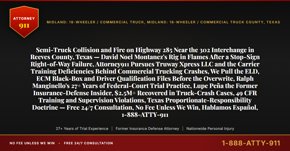 Semi-Truck Collision and Fire on Highway 285 Near the 302 Interchange in Reeves County, Texas — David Noel Montanez's Rig in Flames After a Stop-Sign Right-of-Way Failure, Attorney911 Pursues Truway Xpress LLC and the Carrier Training Deficiencies Behind Commercial Trucking Crashes, We Pull the ELD, ECM Black-Box and Driver Qualification Files Before the Overwrite, Ralph Manginello's 27+ Years of Federal-Court Trial Practice, Lupe Peña the Former Insurance-Defense Insider, $2.5M+ Recovered in Truck-Crash Cases, 49 CFR Training and Supervision Violations, Texas Proportionate-Responsibility Doctrine — Free 24/7 Consultation, No Fee Unless We Win, Hablamos Español, 1-888-ATTY-911 - Attorney911