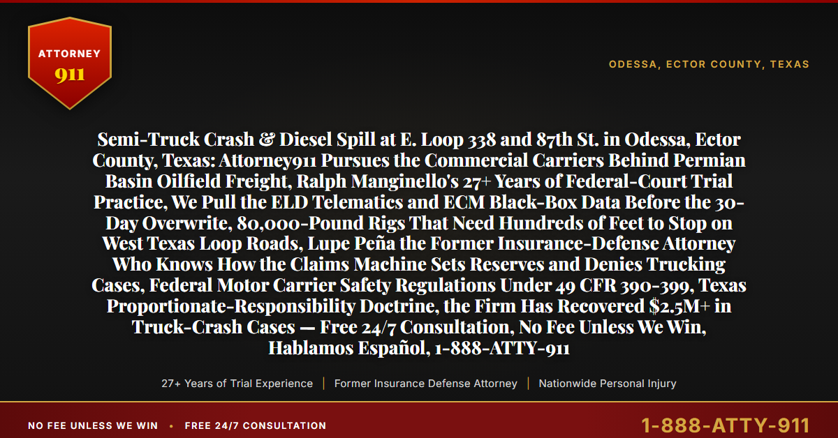 Semi-Truck Crash & Diesel Spill at E. Loop 338 and 87th St. in Odessa, Ector County, Texas: Attorney911 Pursues the Commercial Carriers Behind Permian Basin Oilfield Freight, Ralph Manginello's 27+ Years of Federal-Court Trial Practice, We Pull the ELD Telematics and ECM Black-Box Data Before the 30-Day Overwrite, 80,000-Pound Rigs That Need Hundreds of Feet to Stop on West Texas Loop Roads, Lupe Peña the Former Insurance-Defense Attorney Who Knows How the Claims Machine Sets Reserves and Denies Trucking Cases, Federal Motor Carrier Safety Regulations Under 49 CFR 390-399, Texas Proportionate-Responsibility Doctrine, the Firm Has Recovered $2.5M+ in Truck-Crash Cases — Free 24/7 Consultation, No Fee Unless We Win, Hablamos Español, 1-888-ATTY-911 - Attorney911