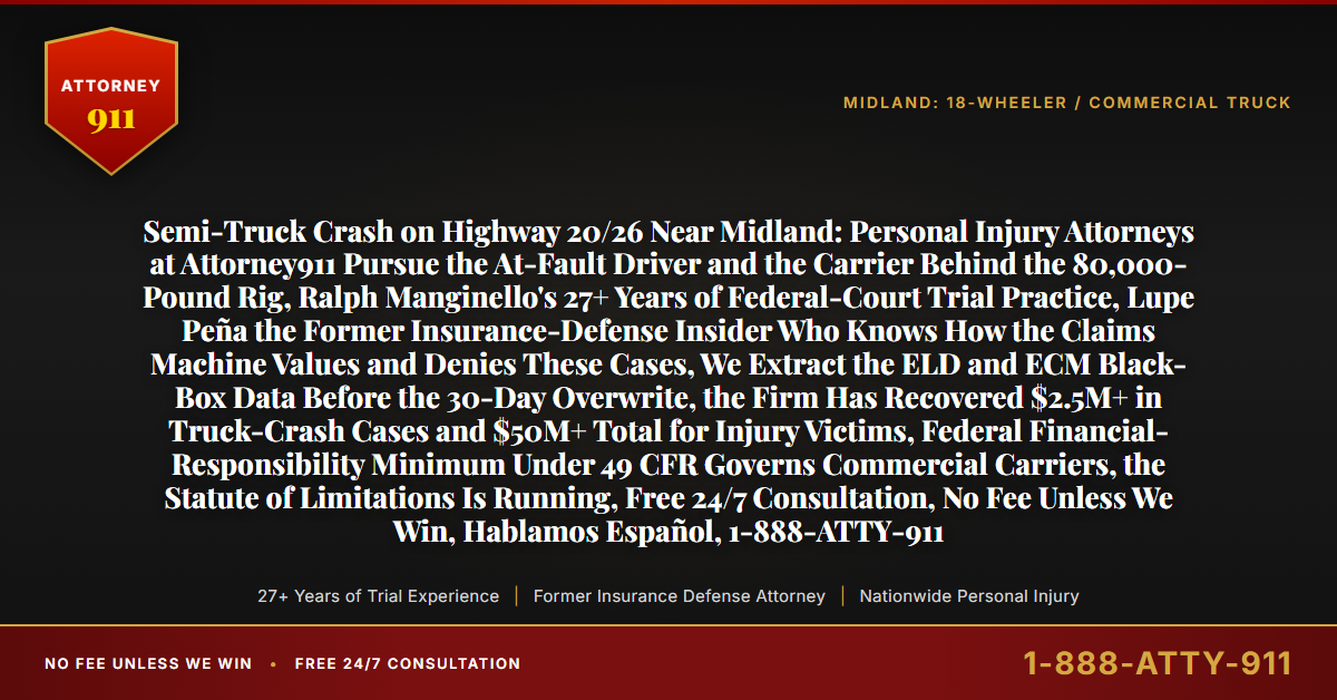 Semi-Truck Crash on Highway 20/26 Near Midland: Personal Injury Attorneys at Attorney911 Pursue the At-Fault Driver and the Carrier Behind the 80,000-Pound Rig, Ralph Manginello's 27+ Years of Federal-Court Trial Practice, Lupe Peña the Former Insurance-Defense Insider Who Knows How the Claims Machine Values and Denies These Cases, We Extract the ELD and ECM Black-Box Data Before the 30-Day Overwrite, the Firm Has Recovered $2.5M+ in Truck-Crash Cases and $50M+ Total for Injury Victims, Federal Financial-Responsibility Minimum Under 49 CFR Governs Commercial Carriers, the Statute of Limitations Is Running, Free 24/7 Consultation, No Fee Unless We Win, Hablamos Español, 1-888-ATTY-911 - Attorney911