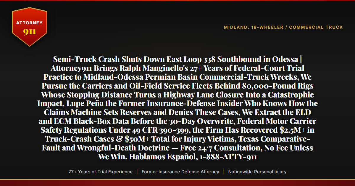 Semi-Truck Crash Shuts Down East Loop 338 Southbound in Odessa | Attorney911 Brings Ralph Manginello's 27+ Years of Federal-Court Trial Practice to Midland-Odessa Permian Basin Commercial-Truck Wrecks, We Pursue the Carriers and Oil-Field Service Fleets Behind 80,000-Pound Rigs Whose Stopping Distance Turns a Highway Lane Closure Into a Catastrophic Impact, Lupe Peña the Former Insurance-Defense Insider Who Knows How the Claims Machine Sets Reserves and Denies These Cases, We Extract the ELD and ECM Black-Box Data Before the 30-Day Overwrite, Federal Motor Carrier Safety Regulations Under 49 CFR 390-399, the Firm Has Recovered $2.5M+ in Truck-Crash Cases & $50M+ Total for Injury Victims, Texas Comparative-Fault and Wrongful-Death Doctrine — Free 24/7 Consultation, No Fee Unless We Win, Hablamos Español, 1-888-ATTY-911 - Attorney911
