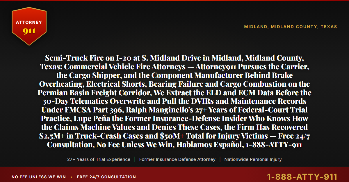 Semi-Truck Fire on I-20 at S. Midland Drive in Midland, Midland County, Texas: Commercial Vehicle Fire Attorneys — Attorney911 Pursues the Carrier, the Cargo Shipper, and the Component Manufacturer Behind Brake Overheating, Electrical Shorts, Bearing Failure and Cargo Combustion on the Permian Basin Freight Corridor, We Extract the ELD and ECM Data Before the 30-Day Telematics Overwrite and Pull the DVIRs and Maintenance Records Under FMCSA Part 396, Ralph Manginello's 27+ Years of Federal-Court Trial Practice, Lupe Peña the Former Insurance-Defense Insider Who Knows How the Claims Machine Values and Denies These Cases, the Firm Has Recovered $2.5M+ in Truck-Crash Cases and $50M+ Total for Injury Victims — Free 24/7 Consultation, No Fee Unless We Win, Hablamos Español, 1-888-ATTY-911 - Attorney911