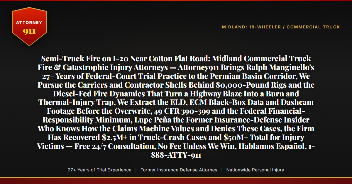 Semi-Truck Fire on I-20 Near Cotton Flat Road: Midland Commercial Truck Fire & Catastrophic Injury Attorneys — Attorney911 Brings Ralph Manginello's 27+ Years of Federal-Court Trial Practice to the Permian Basin Corridor, We Pursue the Carriers and Contractor Shells Behind 80,000-Pound Rigs and the Diesel-Fed Fire Dynamics That Turn a Highway Blaze Into a Burn and Thermal-Injury Trap, We Extract the ELD, ECM Black-Box Data and Dashcam Footage Before the Overwrite, 49 CFR 390-399 and the Federal Financial-Responsibility Minimum, Lupe Peña the Former Insurance-Defense Insider Who Knows How the Claims Machine Values and Denies These Cases, the Firm Has Recovered $2.5M+ in Truck-Crash Cases and $50M+ Total for Injury Victims — Free 24/7 Consultation, No Fee Unless We Win, Hablamos Español, 1-888-ATTY-911 - Attorney911