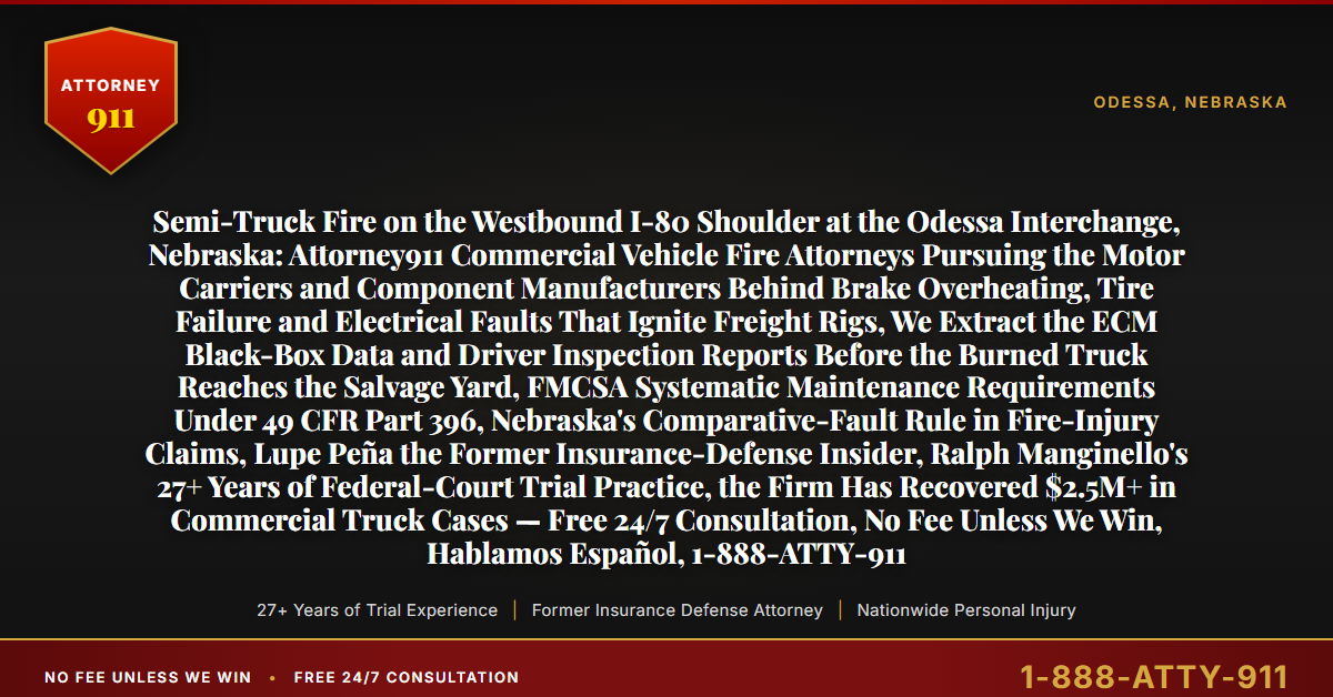 Semi-Truck Fire on the Westbound I-80 Shoulder at the Odessa Interchange, Nebraska: Attorney911 Commercial Vehicle Fire Attorneys Pursuing the Motor Carriers and Component Manufacturers Behind Brake Overheating, Tire Failure and Electrical Faults That Ignite Freight Rigs, We Extract the ECM Black-Box Data and Driver Inspection Reports Before the Burned Truck Reaches the Salvage Yard, FMCSA Systematic Maintenance Requirements Under 49 CFR Part 396, Nebraska's Comparative-Fault Rule in Fire-Injury Claims, Lupe Peña the Former Insurance-Defense Insider, Ralph Manginello's 27+ Years of Federal-Court Trial Practice, the Firm Has Recovered $2.5M+ in Commercial Truck Cases — Free 24/7 Consultation, No Fee Unless We Win, Hablamos Español, 1-888-ATTY-911 - Attorney911