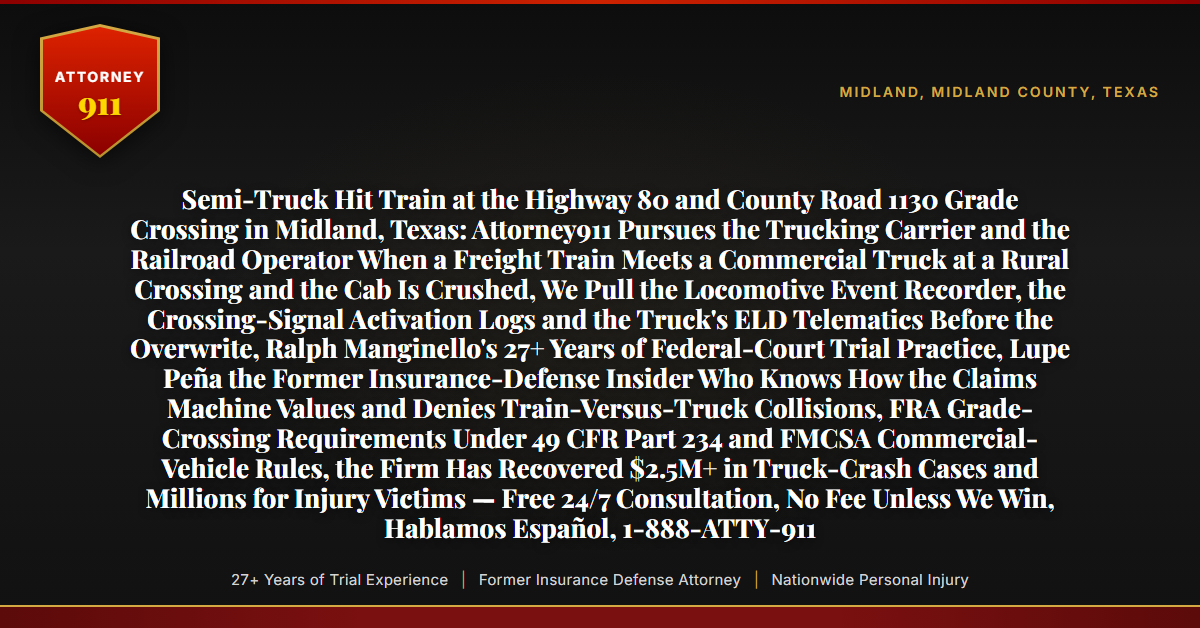 Semi-Truck Hit Train at the Highway 80 and County Road 1130 Grade Crossing in Midland, Texas: Attorney911 Pursues the Trucking Carrier and the Railroad Operator When a Freight Train Meets a Commercial Truck at a Rural Crossing and the Cab Is Crushed, We Pull the Locomotive Event Recorder, the Crossing-Signal Activation Logs and the Truck's ELD Telematics Before the Overwrite, Ralph Manginello's 27+ Years of Federal-Court Trial Practice, Lupe Peña the Former Insurance-Defense Insider Who Knows How the Claims Machine Values and Denies Train-Versus-Truck Collisions, FRA Grade-Crossing Requirements Under 49 CFR Part 234 and FMCSA Commercial-Vehicle Rules, the Firm Has Recovered $2.5M+ in Truck-Crash Cases and Millions for Injury Victims — Free 24/7 Consultation, No Fee Unless We Win, Hablamos Español, 1-888-ATTY-911 - Attorney911