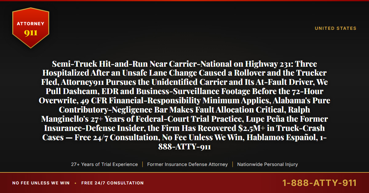 Semi-Truck Hit-and-Run Near Carrier-National on Highway 231: Three Hospitalized After an Unsafe Lane Change Caused a Rollover and the Trucker Fled, Attorney911 Pursues the Unidentified Carrier and Its At-Fault Driver, We Pull Dashcam, EDR and Business-Surveillance Footage Before the 72-Hour Overwrite, 49 CFR Financial-Responsibility Minimum Applies, Alabama's Pure Contributory-Negligence Bar Makes Fault Allocation Critical, Ralph Manginello's 27+ Years of Federal-Court Trial Practice, Lupe Peña the Former Insurance-Defense Insider, the Firm Has Recovered $2.5M+ in Truck-Crash Cases — Free 24/7 Consultation, No Fee Unless We Win, Hablamos Español, 1-888-ATTY-911 - Attorney911