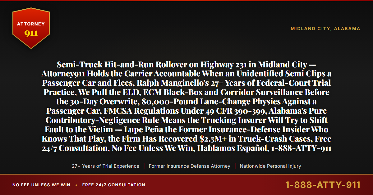 Semi-Truck Hit-and-Run Rollover on Highway 231 in Midland City — Attorney911 Holds the Carrier Accountable When an Unidentified Semi Clips a Passenger Car and Flees, Ralph Manginello's 27+ Years of Federal-Court Trial Practice, We Pull the ELD, ECM Black-Box and Corridor Surveillance Before the 30-Day Overwrite, 80,000-Pound Lane-Change Physics Against a Passenger Car, FMCSA Regulations Under 49 CFR 390-399, Alabama's Pure Contributory-Negligence Rule Means the Trucking Insurer Will Try to Shift Fault to the Victim — Lupe Peña the Former Insurance-Defense Insider Who Knows That Play, the Firm Has Recovered $2.5M+ in Truck-Crash Cases, Free 24/7 Consultation, No Fee Unless We Win, Hablamos Español, 1-888-ATTY-911 - Attorney911