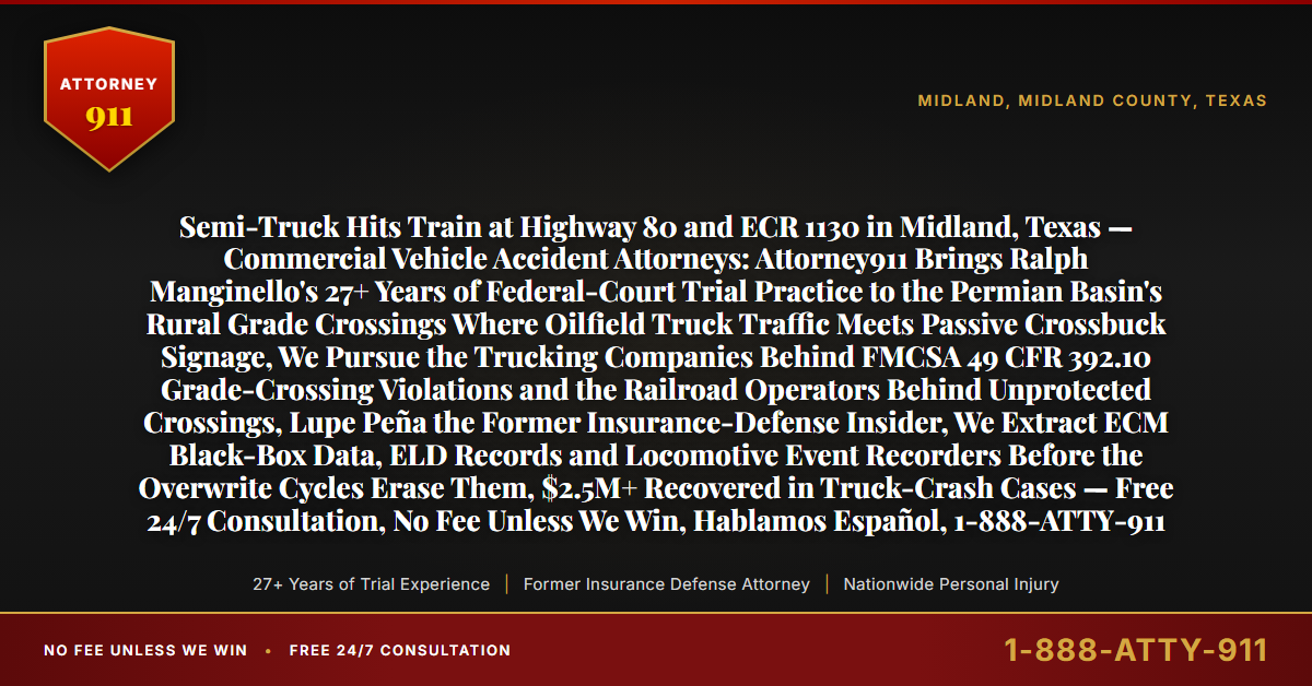 Semi-Truck Hits Train at Highway 80 and ECR 1130 in Midland, Texas — Commercial Vehicle Accident Attorneys: Attorney911 Brings Ralph Manginello's 27+ Years of Federal-Court Trial Practice to the Permian Basin's Rural Grade Crossings Where Oilfield Truck Traffic Meets Passive Crossbuck Signage, We Pursue the Trucking Companies Behind FMCSA 49 CFR 392.10 Grade-Crossing Violations and the Railroad Operators Behind Unprotected Crossings, Lupe Peña the Former Insurance-Defense Insider, We Extract ECM Black-Box Data, ELD Records and Locomotive Event Recorders Before the Overwrite Cycles Erase Them, $2.5M+ Recovered in Truck-Crash Cases — Free 24/7 Consultation, No Fee Unless We Win, Hablamos Español, 1-888-ATTY-911 - Attorney911