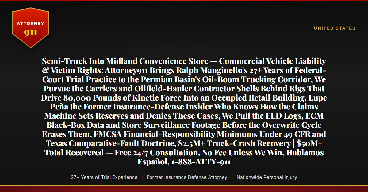 Semi-Truck Into Midland Convenience Store — Commercial Vehicle Liability & Victim Rights: Attorney911 Brings Ralph Manginello's 27+ Years of Federal-Court Trial Practice to the Permian Basin's Oil-Boom Trucking Corridor, We Pursue the Carriers and Oilfield-Hauler Contractor Shells Behind Rigs That Drive 80,000 Pounds of Kinetic Force Into an Occupied Retail Building, Lupe Peña the Former Insurance-Defense Insider Who Knows How the Claims Machine Sets Reserves and Denies These Cases, We Pull the ELD Logs, ECM Black-Box Data and Store Surveillance Footage Before the Overwrite Cycle Erases Them, FMCSA Financial-Responsibility Minimums Under 49 CFR and Texas Comparative-Fault Doctrine, $2.5M+ Truck-Crash Recovery | $50M+ Total Recovered — Free 24/7 Consultation, No Fee Unless We Win, Hablamos Español, 1-888-ATTY-911 - Attorney911