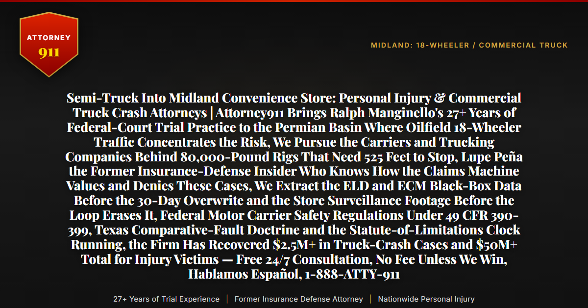 Semi-Truck Into Midland Convenience Store: Personal Injury & Commercial Truck Crash Attorneys | Attorney911 Brings Ralph Manginello's 27+ Years of Federal-Court Trial Practice to the Permian Basin Where Oilfield 18-Wheeler Traffic Concentrates the Risk, We Pursue the Carriers and Trucking Companies Behind 80,000-Pound Rigs That Need 525 Feet to Stop, Lupe Peña the Former Insurance-Defense Insider Who Knows How the Claims Machine Values and Denies These Cases, We Extract the ELD and ECM Black-Box Data Before the 30-Day Overwrite and the Store Surveillance Footage Before the Loop Erases It, Federal Motor Carrier Safety Regulations Under 49 CFR 390-399, Texas Comparative-Fault Doctrine and the Statute-of-Limitations Clock Running, the Firm Has Recovered $2.5M+ in Truck-Crash Cases and $50M+ Total for Injury Victims — Free 24/7 Consultation, No Fee Unless We Win, Hablamos Español, 1-888-ATTY-911 - Attorney911