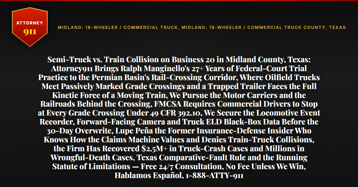 Semi-Truck vs. Train Collision on Business 20 in Midland County, Texas: Attorney911 Brings Ralph Manginello's 27+ Years of Federal-Court Trial Practice to the Permian Basin's Rail-Crossing Corridor, Where Oilfield Trucks Meet Passively Marked Grade Crossings and a Trapped Trailer Faces the Full Kinetic Force of a Moving Train, We Pursue the Motor Carriers and the Railroads Behind the Crossing, FMCSA Requires Commercial Drivers to Stop at Every Grade Crossing Under 49 CFR 392.10, We Secure the Locomotive Event Recorder, Forward-Facing Camera and Truck ELD Black-Box Data Before the 30-Day Overwrite, Lupe Peña the Former Insurance-Defense Insider Who Knows How the Claims Machine Values and Denies Train-Truck Collisions, the Firm Has Recovered $2.5M+ in Truck-Crash Cases and Millions in Wrongful-Death Cases, Texas Comparative-Fault Rule and the Running Statute of Limitations — Free 24/7 Consultation, No Fee Unless We Win, Hablamos Español, 1-888-ATTY-911 - Attorney911