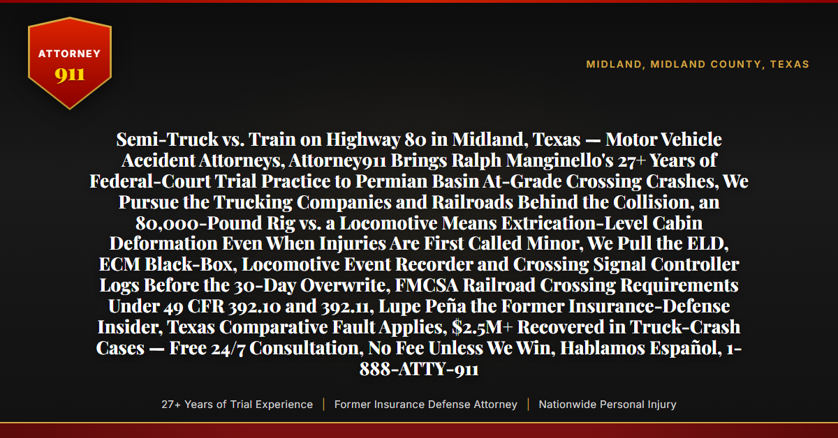 Semi-Truck vs. Train on Highway 80 in Midland, Texas — Motor Vehicle Accident Attorneys, Attorney911 Brings Ralph Manginello's 27+ Years of Federal-Court Trial Practice to Permian Basin At-Grade Crossing Crashes, We Pursue the Trucking Companies and Railroads Behind the Collision, an 80,000-Pound Rig vs. a Locomotive Means Extrication-Level Cabin Deformation Even When Injuries Are First Called Minor, We Pull the ELD, ECM Black-Box, Locomotive Event Recorder and Crossing Signal Controller Logs Before the 30-Day Overwrite, FMCSA Railroad Crossing Requirements Under 49 CFR 392.10 and 392.11, Lupe Peña the Former Insurance-Defense Insider, Texas Comparative Fault Applies, $2.5M+ Recovered in Truck-Crash Cases — Free 24/7 Consultation, No Fee Unless We Win, Hablamos Español, 1-888-ATTY-911 - Attorney911