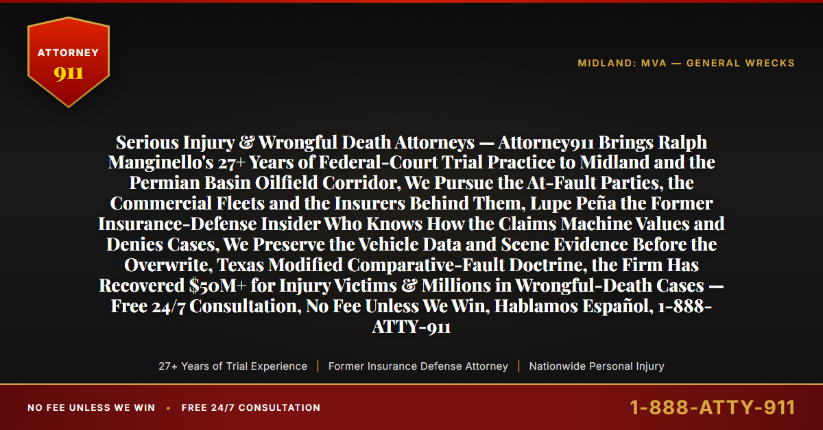 Serious Injury & Wrongful Death Attorneys — Attorney911 Brings Ralph Manginello's 27+ Years of Federal-Court Trial Practice to Midland and the Permian Basin Oilfield Corridor, We Pursue the At-Fault Parties, the Commercial Fleets and the Insurers Behind Them, Lupe Peña the Former Insurance-Defense Insider Who Knows How the Claims Machine Values and Denies Cases, We Preserve the Vehicle Data and Scene Evidence Before the Overwrite, Texas Modified Comparative-Fault Doctrine, the Firm Has Recovered $50M+ for Injury Victims & Millions in Wrongful-Death Cases — Free 24/7 Consultation, No Fee Unless We Win, Hablamos Español, 1-888-ATTY-911 - Attorney911