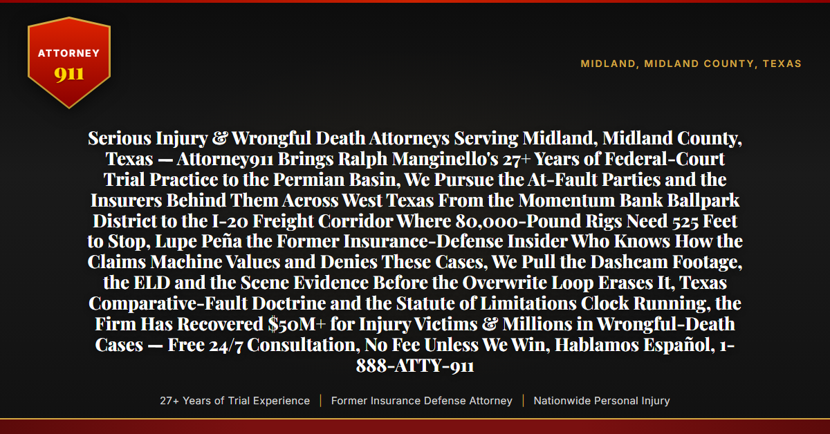 Serious Injury & Wrongful Death Attorneys Serving Midland, Midland County, Texas — Attorney911 Brings Ralph Manginello's 27+ Years of Federal-Court Trial Practice to the Permian Basin, We Pursue the At-Fault Parties and the Insurers Behind Them Across West Texas From the Momentum Bank Ballpark District to the I-20 Freight Corridor Where 80,000-Pound Rigs Need 525 Feet to Stop, Lupe Peña the Former Insurance-Defense Insider Who Knows How the Claims Machine Values and Denies These Cases, We Pull the Dashcam Footage, the ELD and the Scene Evidence Before the Overwrite Loop Erases It, Texas Comparative-Fault Doctrine and the Statute of Limitations Clock Running, the Firm Has Recovered $50M+ for Injury Victims & Millions in Wrongful-Death Cases — Free 24/7 Consultation, No Fee Unless We Win, Hablamos Español, 1-888-ATTY-911 - Attorney911