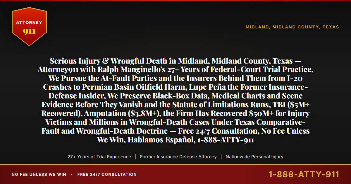 Serious Injury & Wrongful Death in Midland, Midland County, Texas — Attorney911 with Ralph Manginello's 27+ Years of Federal-Court Trial Practice, We Pursue the At-Fault Parties and the Insurers Behind Them from I-20 Crashes to Permian Basin Oilfield Harm, Lupe Peña the Former Insurance-Defense Insider, We Preserve Black-Box Data, Medical Charts and Scene Evidence Before They Vanish and the Statute of Limitations Runs, TBI ($5M+ Recovered), Amputation ($3.8M+), the Firm Has Recovered $50M+ for Injury Victims and Millions in Wrongful-Death Cases Under Texas Comparative-Fault and Wrongful-Death Doctrine — Free 24/7 Consultation, No Fee Unless We Win, Hablamos Español, 1-888-ATTY-911 - Attorney911