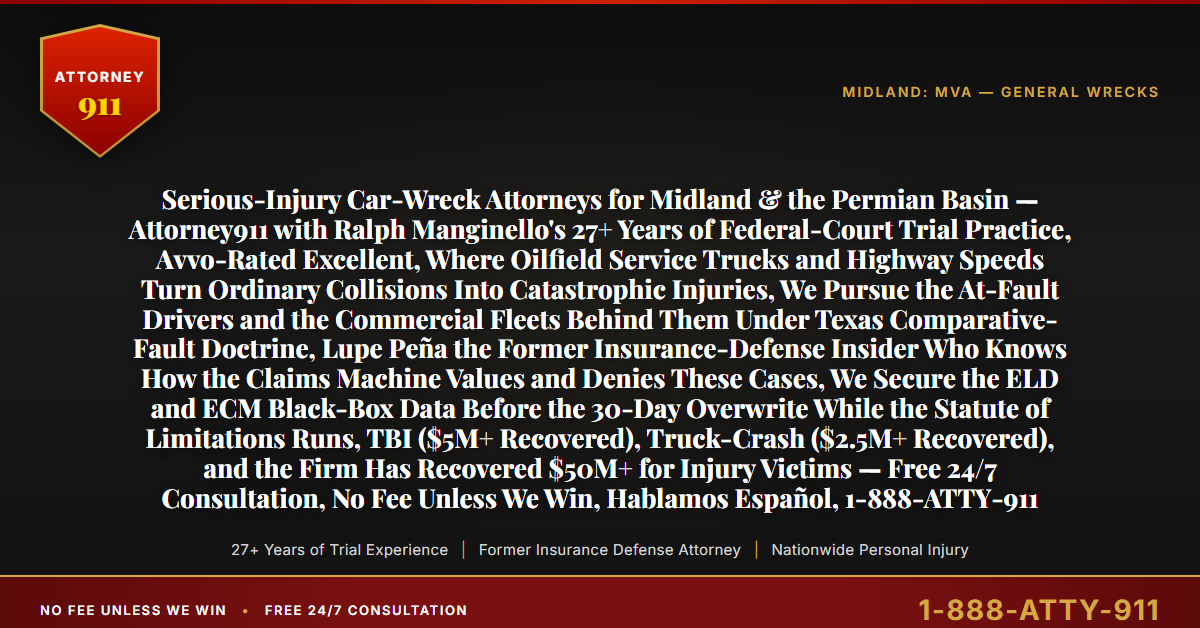 Serious-Injury Car-Wreck Attorneys for Midland & the Permian Basin — Attorney911 with Ralph Manginello's 27+ Years of Federal-Court Trial Practice, Avvo-Rated Excellent, Where Oilfield Service Trucks and Highway Speeds Turn Ordinary Collisions Into Catastrophic Injuries, We Pursue the At-Fault Drivers and the Commercial Fleets Behind Them Under Texas Comparative-Fault Doctrine, Lupe Peña the Former Insurance-Defense Insider Who Knows How the Claims Machine Values and Denies These Cases, We Secure the ELD and ECM Black-Box Data Before the 30-Day Overwrite While the Statute of Limitations Runs, TBI ($5M+ Recovered), Truck-Crash ($2.5M+ Recovered), and the Firm Has Recovered $50M+ for Injury Victims — Free 24/7 Consultation, No Fee Unless We Win, Hablamos Español, 1-888-ATTY-911 - Attorney911