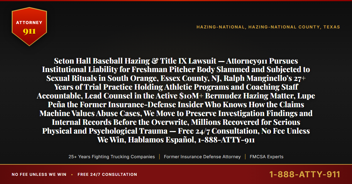 Seton Hall Baseball Hazing & Title IX Lawsuit — Attorney911 Pursues Institutional Liability for Freshman Pitcher Body Slammed and Subjected to Sexual Rituals in South Orange, Essex County, NJ, Ralph Manginello’s 27+ Years of Trial Practice Holding Athletic Programs and Coaching Staff Accountable, Lead Counsel in the Active $10M+ Bermudez Hazing Matter, Lupe Peña the Former Insurance-Defense Insider Who Knows How the Claims Machine Values Abuse Cases, We Move to Preserve Investigation Findings and Internal Records Before the Overwrite, Millions Recovered for Serious Physical and Psychological Trauma — Free 24/7 Consultation, No Fee Unless We Win, Hablamos Español, 1-888-ATTY-911 - Attorney911