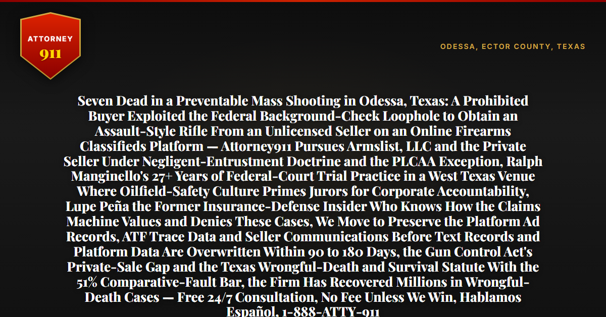 Seven Dead in a Preventable Mass Shooting in Odessa, Texas: A Prohibited Buyer Exploited the Federal Background-Check Loophole to Obtain an Assault-Style Rifle From an Unlicensed Seller on an Online Firearms Classifieds Platform — Attorney911 Pursues Armslist, LLC and the Private Seller Under Negligent-Entrustment Doctrine and the PLCAA Exception, Ralph Manginello's 27+ Years of Federal-Court Trial Practice in a West Texas Venue Where Oilfield-Safety Culture Primes Jurors for Corporate Accountability, Lupe Peña the Former Insurance-Defense Insider Who Knows How the Claims Machine Values and Denies These Cases, We Move to Preserve the Platform Ad Records, ATF Trace Data and Seller Communications Before Text Records and Platform Data Are Overwritten Within 90 to 180 Days, the Gun Control Act's Private-Sale Gap and the Texas Wrongful-Death and Survival Statute With the 51% Comparative-Fault Bar, the Firm Has Recovered Millions in Wrongful-Death Cases — Free 24/7 Consultation, No Fee Unless We Win, Hablamos Español, 1-888-ATTY-911 - Attorney911