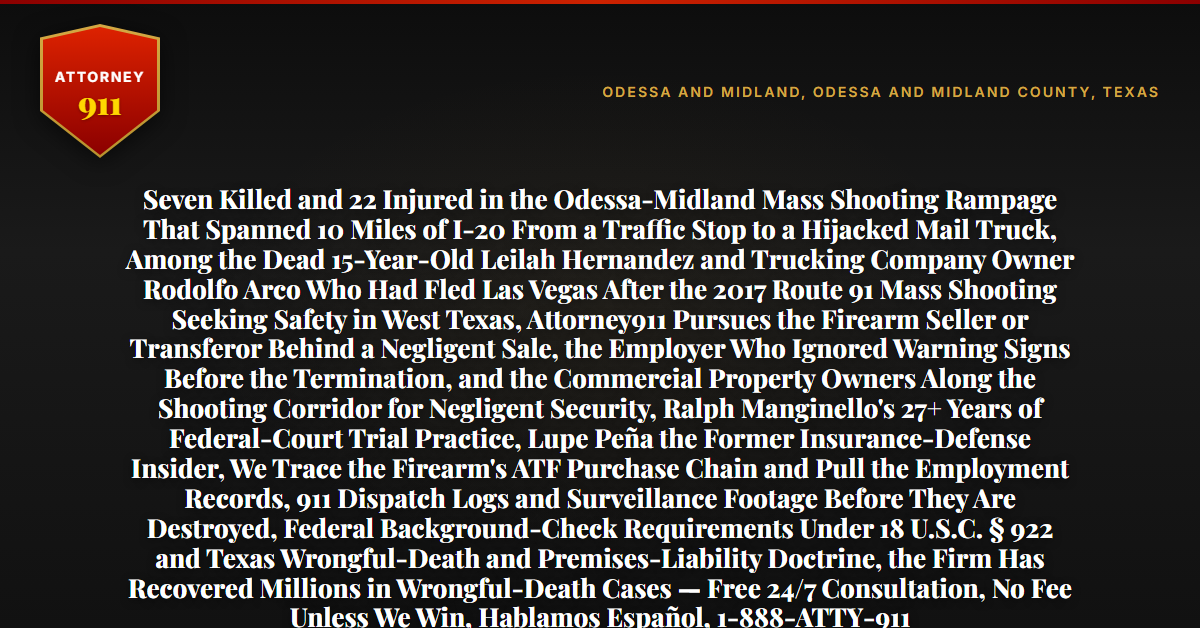 Seven Killed and 22 Injured in the Odessa-Midland Mass Shooting Rampage That Spanned 10 Miles of I-20 From a Traffic Stop to a Hijacked Mail Truck, Among the Dead 15-Year-Old Leilah Hernandez and Trucking Company Owner Rodolfo Arco Who Had Fled Las Vegas After the 2017 Route 91 Mass Shooting Seeking Safety in West Texas, Attorney911 Pursues the Firearm Seller or Transferor Behind a Negligent Sale, the Employer Who Ignored Warning Signs Before the Termination, and the Commercial Property Owners Along the Shooting Corridor for Negligent Security, Ralph Manginello's 27+ Years of Federal-Court Trial Practice, Lupe Peña the Former Insurance-Defense Insider, We Trace the Firearm's ATF Purchase Chain and Pull the Employment Records, 911 Dispatch Logs and Surveillance Footage Before They Are Destroyed, Federal Background-Check Requirements Under 18 U.S.C. § 922 and Texas Wrongful-Death and Premises-Liability Doctrine, the Firm Has Recovered Millions in Wrongful-Death Cases — Free 24/7 Consultation, No Fee Unless We Win, Hablamos Español, 1-888-ATTY-911 - Attorney911