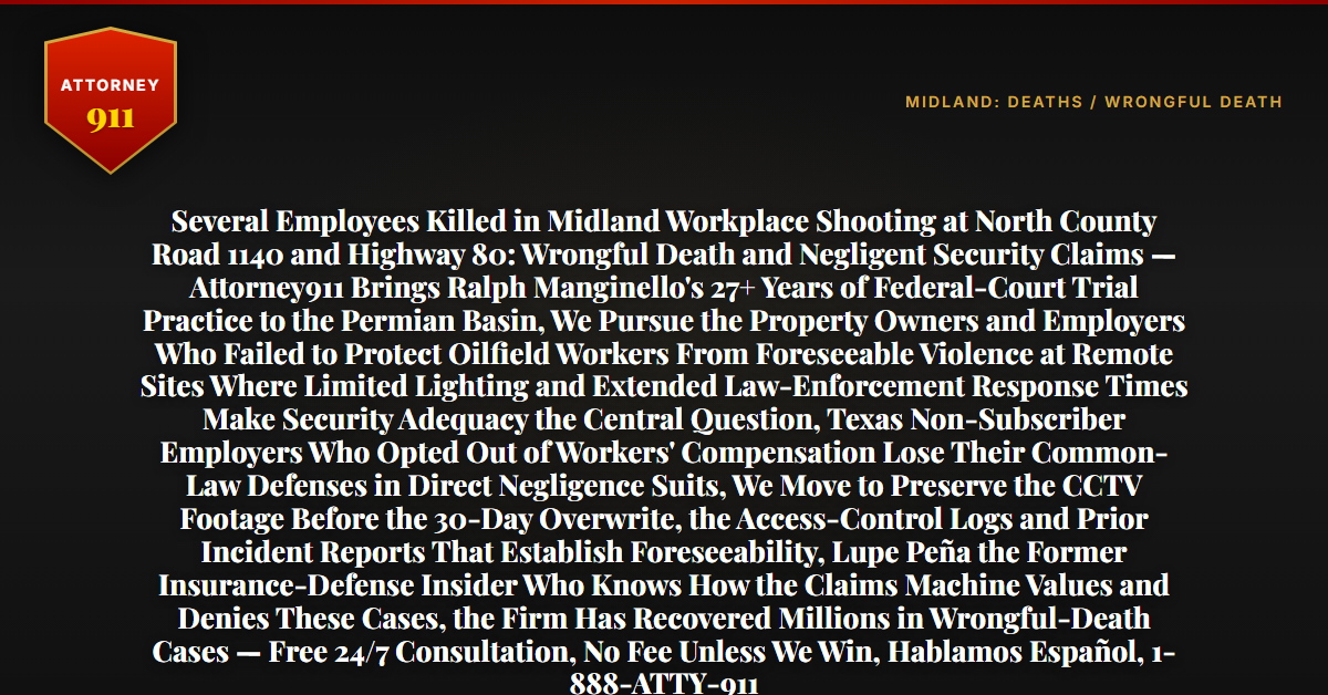 Several Employees Killed in Midland Workplace Shooting at North County Road 1140 and Highway 80: Wrongful Death and Negligent Security Claims — Attorney911 Brings Ralph Manginello's 27+ Years of Federal-Court Trial Practice to the Permian Basin, We Pursue the Property Owners and Employers Who Failed to Protect Oilfield Workers From Foreseeable Violence at Remote Sites Where Limited Lighting and Extended Law-Enforcement Response Times Make Security Adequacy the Central Question, Texas Non-Subscriber Employers Who Opted Out of Workers' Compensation Lose Their Common-Law Defenses in Direct Negligence Suits, We Move to Preserve the CCTV Footage Before the 30-Day Overwrite, the Access-Control Logs and Prior Incident Reports That Establish Foreseeability, Lupe Peña the Former Insurance-Defense Insider Who Knows How the Claims Machine Values and Denies These Cases, the Firm Has Recovered Millions in Wrongful-Death Cases — Free 24/7 Consultation, No Fee Unless We Win, Hablamos Español, 1-888-ATTY-911 - Attorney911