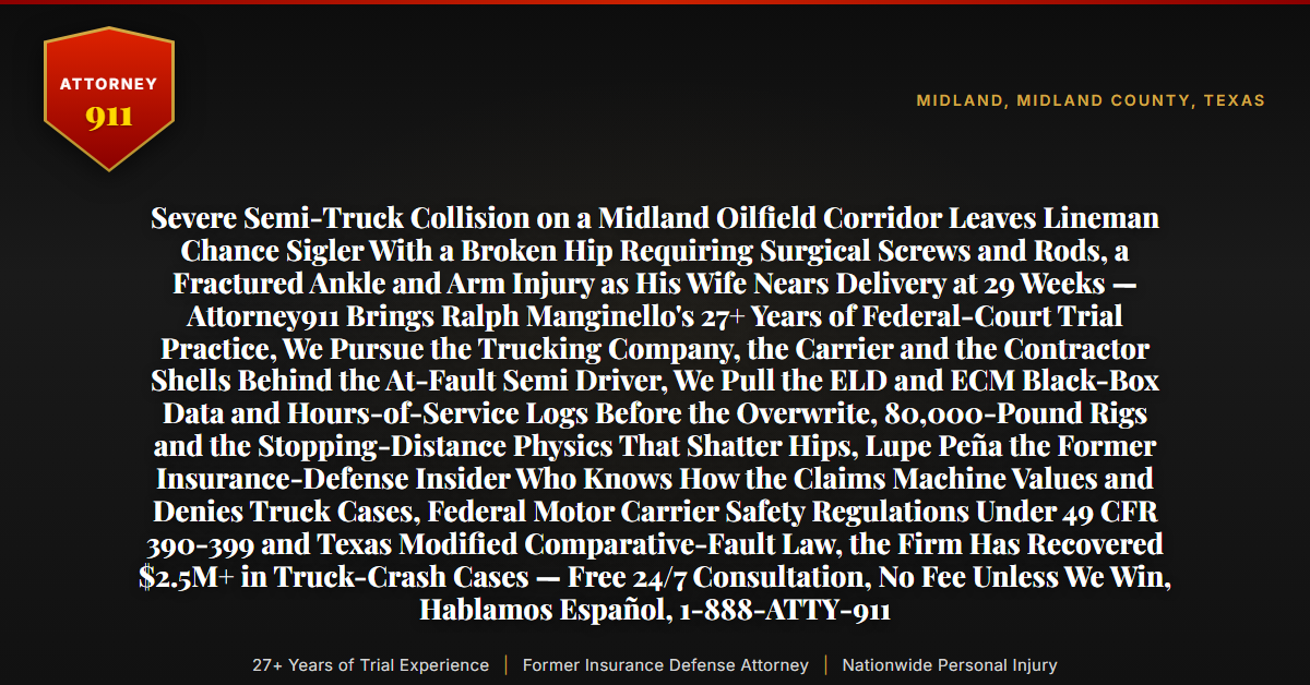Severe Semi-Truck Collision on a Midland Oilfield Corridor Leaves Lineman Chance Sigler With a Broken Hip Requiring Surgical Screws and Rods, a Fractured Ankle and Arm Injury as His Wife Nears Delivery at 29 Weeks — Attorney911 Brings Ralph Manginello's 27+ Years of Federal-Court Trial Practice, We Pursue the Trucking Company, the Carrier and the Contractor Shells Behind the At-Fault Semi Driver, We Pull the ELD and ECM Black-Box Data and Hours-of-Service Logs Before the Overwrite, 80,000-Pound Rigs and the Stopping-Distance Physics That Shatter Hips, Lupe Peña the Former Insurance-Defense Insider Who Knows How the Claims Machine Values and Denies Truck Cases, Federal Motor Carrier Safety Regulations Under 49 CFR 390-399 and Texas Modified Comparative-Fault Law, the Firm Has Recovered $2.5M+ in Truck-Crash Cases — Free 24/7 Consultation, No Fee Unless We Win, Hablamos Español, 1-888-ATTY-911 - Attorney911