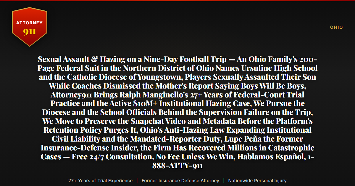 Sexual Assault & Hazing on a Nine-Day Football Trip — An Ohio Family's 200-Page Federal Suit in the Northern District of Ohio Names Ursuline High School and the Catholic Diocese of Youngstown, Players Sexually Assaulted Their Son While Coaches Dismissed the Mother's Report Saying Boys Will Be Boys, Attorney911 Brings Ralph Manginello's 27+ Years of Federal-Court Trial Practice and the Active $10M+ Institutional Hazing Case, We Pursue the Diocese and the School Officials Behind the Supervision Failure on the Trip, We Move to Preserve the Snapchat Video and Metadata Before the Platform's Retention Policy Purges It, Ohio's Anti-Hazing Law Expanding Institutional Civil Liability and the Mandated-Reporter Duty, Lupe Peña the Former Insurance-Defense Insider, the Firm Has Recovered Millions in Catastrophic Cases — Free 24/7 Consultation, No Fee Unless We Win, Hablamos Español, 1-888-ATTY-911 - Attorney911