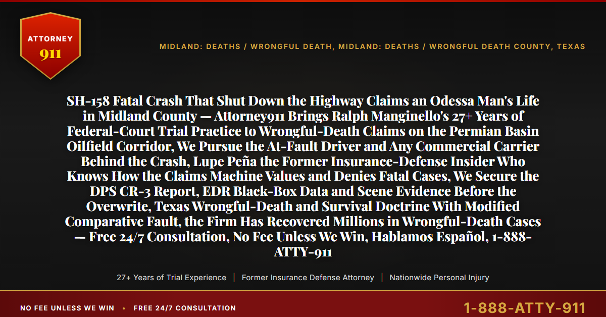 SH-158 Fatal Crash That Shut Down the Highway Claims an Odessa Man's Life in Midland County — Attorney911 Brings Ralph Manginello's 27+ Years of Federal-Court Trial Practice to Wrongful-Death Claims on the Permian Basin Oilfield Corridor, We Pursue the At-Fault Driver and Any Commercial Carrier Behind the Crash, Lupe Peña the Former Insurance-Defense Insider Who Knows How the Claims Machine Values and Denies Fatal Cases, We Secure the DPS CR-3 Report, EDR Black-Box Data and Scene Evidence Before the Overwrite, Texas Wrongful-Death and Survival Doctrine With Modified Comparative Fault, the Firm Has Recovered Millions in Wrongful-Death Cases — Free 24/7 Consultation, No Fee Unless We Win, Hablamos Español, 1-888-ATTY-911 - Attorney911