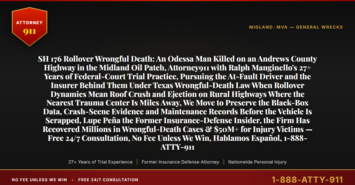 SH 176 Rollover Wrongful Death: An Odessa Man Killed on an Andrews County Highway in the Midland Oil Patch, Attorney911 with Ralph Manginello's 27+ Years of Federal-Court Trial Practice, Pursuing the At-Fault Driver and the Insurer Behind Them Under Texas Wrongful-Death Law When Rollover Dynamics Mean Roof Crush and Ejection on Rural Highways Where the Nearest Trauma Center Is Miles Away, We Move to Preserve the Black-Box Data, Crash-Scene Evidence and Maintenance Records Before the Vehicle Is Scrapped, Lupe Peña the Former Insurance-Defense Insider, the Firm Has Recovered Millions in Wrongful-Death Cases & $50M+ for Injury Victims — Free 24/7 Consultation, No Fee Unless We Win, Hablamos Español, 1-888-ATTY-911 - Attorney911