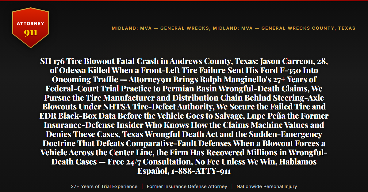 SH 176 Tire Blowout Fatal Crash in Andrews County, Texas: Jason Carreon, 28, of Odessa Killed When a Front-Left Tire Failure Sent His Ford F-350 Into Oncoming Traffic — Attorney911 Brings Ralph Manginello's 27+ Years of Federal-Court Trial Practice to Permian Basin Wrongful-Death Claims, We Pursue the Tire Manufacturer and Distribution Chain Behind Steering-Axle Blowouts Under NHTSA Tire-Defect Authority, We Secure the Failed Tire and EDR Black-Box Data Before the Vehicle Goes to Salvage, Lupe Peña the Former Insurance-Defense Insider Who Knows How the Claims Machine Values and Denies These Cases, Texas Wrongful Death Act and the Sudden-Emergency Doctrine That Defeats Comparative-Fault Defenses When a Blowout Forces a Vehicle Across the Center Line, the Firm Has Recovered Millions in Wrongful-Death Cases — Free 24/7 Consultation, No Fee Unless We Win, Hablamos Español, 1-888-ATTY-911 - Attorney911
