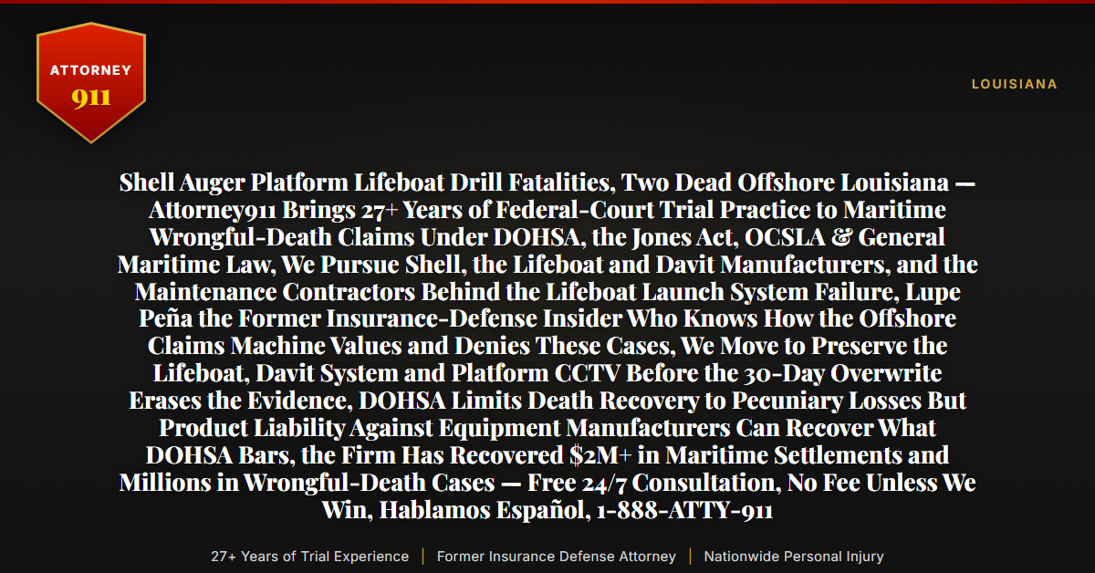 Shell Auger Platform Lifeboat Drill Fatalities, Two Dead Offshore Louisiana — Attorney911 Brings 27+ Years of Federal-Court Trial Practice to Maritime Wrongful-Death Claims Under DOHSA, the Jones Act, OCSLA & General Maritime Law, We Pursue Shell, the Lifeboat and Davit Manufacturers, and the Maintenance Contractors Behind the Lifeboat Launch System Failure, Lupe Peña the Former Insurance-Defense Insider Who Knows How the Offshore Claims Machine Values and Denies These Cases, We Move to Preserve the Lifeboat, Davit System and Platform CCTV Before the 30-Day Overwrite Erases the Evidence, DOHSA Limits Death Recovery to Pecuniary Losses But Product Liability Against Equipment Manufacturers Can Recover What DOHSA Bars, the Firm Has Recovered $2M+ in Maritime Settlements and Millions in Wrongful-Death Cases — Free 24/7 Consultation, No Fee Unless We Win, Hablamos Español, 1-888-ATTY-911 - Attorney911