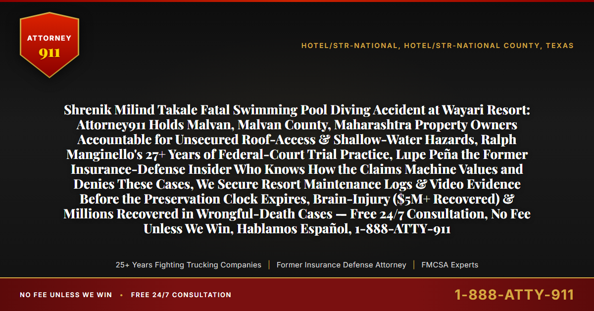 Shrenik Milind Takale Fatal Swimming Pool Diving Accident at Wayari Resort: Attorney911 Holds Malvan, Malvan County, Maharashtra Property Owners Accountable for Unsecured Roof-Access & Shallow-Water Hazards, Ralph Manginello's 27+ Years of Federal-Court Trial Practice, Lupe Peña the Former Insurance-Defense Insider Who Knows How the Claims Machine Values and Denies These Cases, We Secure Resort Maintenance Logs & Video Evidence Before the Preservation Clock Expires, Brain-Injury ($5M+ Recovered) & Millions Recovered in Wrongful-Death Cases — Free 24/7 Consultation, No Fee Unless We Win, Hablamos Español, 1-888-ATTY-911 - Attorney911