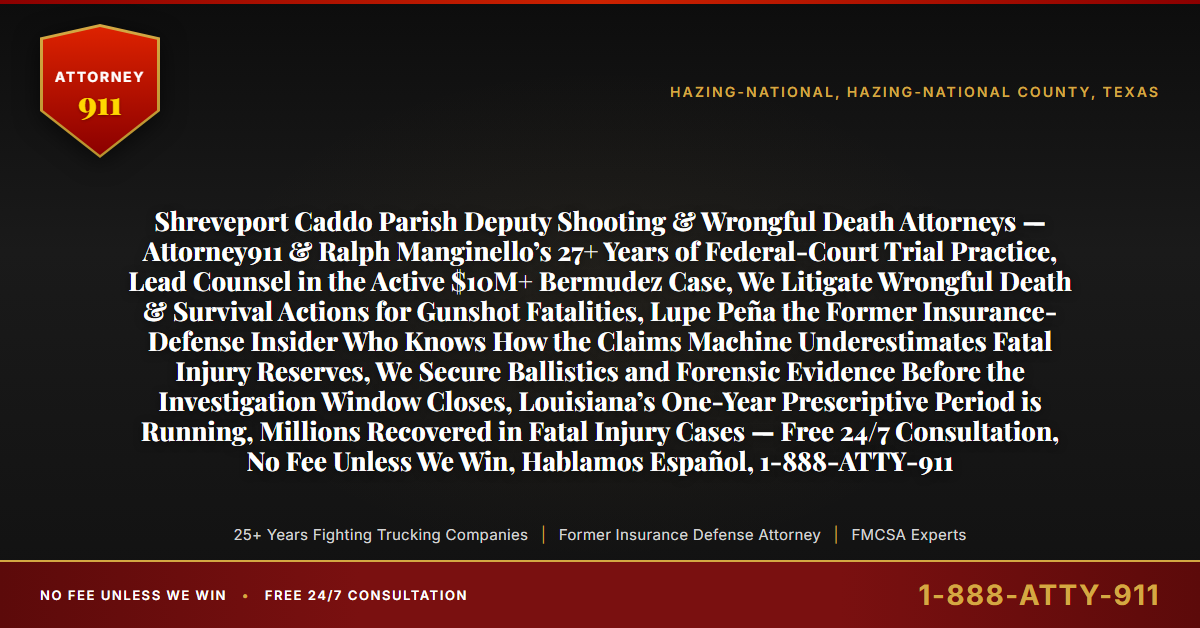 Shreveport Caddo Parish Deputy Shooting & Wrongful Death Attorneys — Attorney911 & Ralph Manginello’s 27+ Years of Federal-Court Trial Practice, Lead Counsel in the Active $10M+ Bermudez Case, We Litigate Wrongful Death & Survival Actions for Gunshot Fatalities, Lupe Peña the Former Insurance-Defense Insider Who Knows How the Claims Machine Underestimates Fatal Injury Reserves, We Secure Ballistics and Forensic Evidence Before the Investigation Window Closes, Louisiana’s One-Year Prescriptive Period is Running, Millions Recovered in Fatal Injury Cases — Free 24/7 Consultation, No Fee Unless We Win, Hablamos Español, 1-888-ATTY-911 - Attorney911