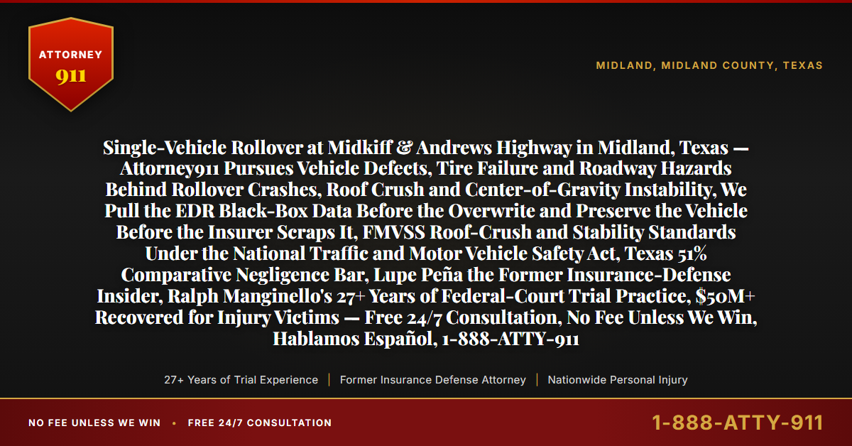 Single-Vehicle Rollover at Midkiff & Andrews Highway in Midland, Texas — Attorney911 Pursues Vehicle Defects, Tire Failure and Roadway Hazards Behind Rollover Crashes, Roof Crush and Center-of-Gravity Instability, We Pull the EDR Black-Box Data Before the Overwrite and Preserve the Vehicle Before the Insurer Scraps It, FMVSS Roof-Crush and Stability Standards Under the National Traffic and Motor Vehicle Safety Act, Texas 51% Comparative Negligence Bar, Lupe Peña the Former Insurance-Defense Insider, Ralph Manginello's 27+ Years of Federal-Court Trial Practice, $50M+ Recovered for Injury Victims — Free 24/7 Consultation, No Fee Unless We Win, Hablamos Español, 1-888-ATTY-911 - Attorney911