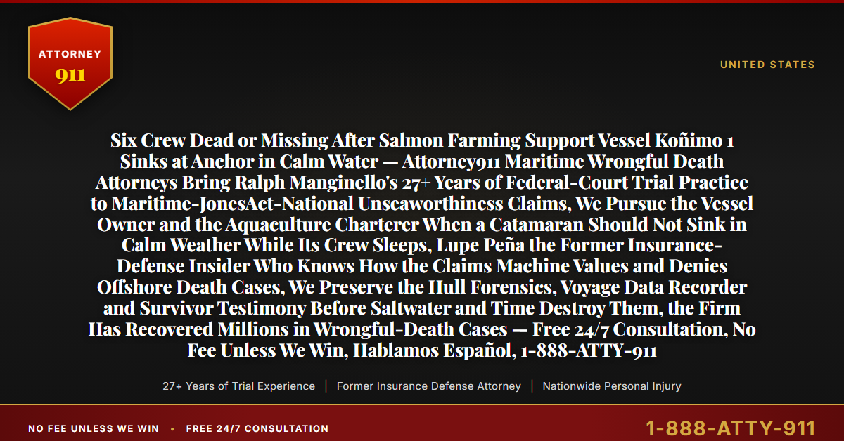 Six Crew Dead or Missing After Salmon Farming Support Vessel Koñimo 1 Sinks at Anchor in Calm Water — Attorney911 Maritime Wrongful Death Attorneys Bring Ralph Manginello's 27+ Years of Federal-Court Trial Practice to Maritime-JonesAct-National Unseaworthiness Claims, We Pursue the Vessel Owner and the Aquaculture Charterer When a Catamaran Should Not Sink in Calm Weather While Its Crew Sleeps, Lupe Peña the Former Insurance-Defense Insider Who Knows How the Claims Machine Values and Denies Offshore Death Cases, We Preserve the Hull Forensics, Voyage Data Recorder and Survivor Testimony Before Saltwater and Time Destroy Them, the Firm Has Recovered Millions in Wrongful-Death Cases — Free 24/7 Consultation, No Fee Unless We Win, Hablamos Español, 1-888-ATTY-911 - Attorney911