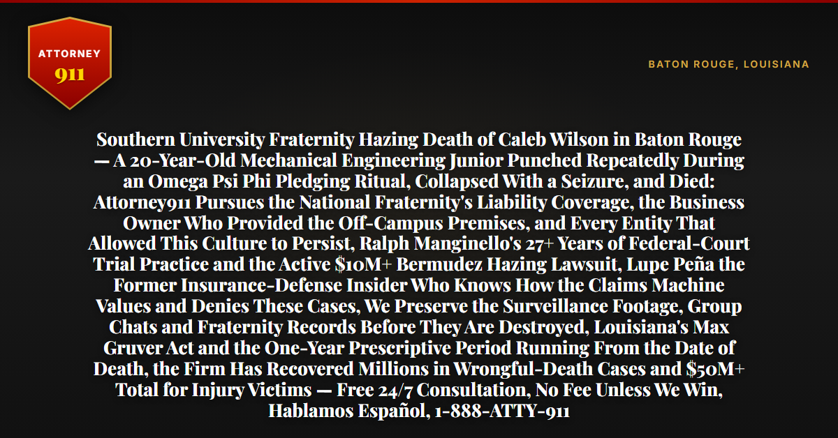 Southern University Fraternity Hazing Death of Caleb Wilson in Baton Rouge — A 20-Year-Old Mechanical Engineering Junior Punched Repeatedly During an Omega Psi Phi Pledging Ritual, Collapsed With a Seizure, and Died: Attorney911 Pursues the National Fraternity's Liability Coverage, the Business Owner Who Provided the Off-Campus Premises, and Every Entity That Allowed This Culture to Persist, Ralph Manginello's 27+ Years of Federal-Court Trial Practice and the Active $10M+ Bermudez Hazing Lawsuit, Lupe Peña the Former Insurance-Defense Insider Who Knows How the Claims Machine Values and Denies These Cases, We Preserve the Surveillance Footage, Group Chats and Fraternity Records Before They Are Destroyed, Louisiana's Max Gruver Act and the One-Year Prescriptive Period Running From the Date of Death, the Firm Has Recovered Millions in Wrongful-Death Cases and $50M+ Total for Injury Victims — Free 24/7 Consultation, No Fee Unless We Win, Hablamos Español, 1-888-ATTY-911 - Attorney911