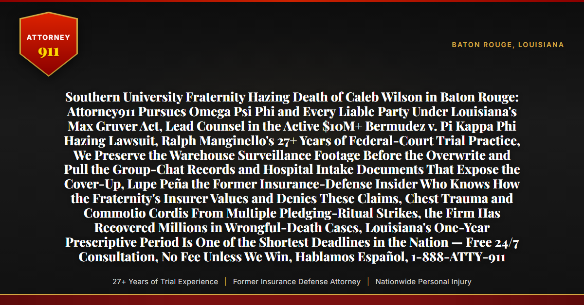 Southern University Fraternity Hazing Death of Caleb Wilson in Baton Rouge: Attorney911 Pursues Omega Psi Phi and Every Liable Party Under Louisiana's Max Gruver Act, Lead Counsel in the Active $10M+ Bermudez v. Pi Kappa Phi Hazing Lawsuit, Ralph Manginello's 27+ Years of Federal-Court Trial Practice, We Preserve the Warehouse Surveillance Footage Before the Overwrite and Pull the Group-Chat Records and Hospital Intake Documents That Expose the Cover-Up, Lupe Peña the Former Insurance-Defense Insider Who Knows How the Fraternity's Insurer Values and Denies These Claims, Chest Trauma and Commotio Cordis From Multiple Pledging-Ritual Strikes, the Firm Has Recovered Millions in Wrongful-Death Cases, Louisiana's One-Year Prescriptive Period Is One of the Shortest Deadlines in the Nation — Free 24/7 Consultation, No Fee Unless We Win, Hablamos Español, 1-888-ATTY-911 - Attorney911
