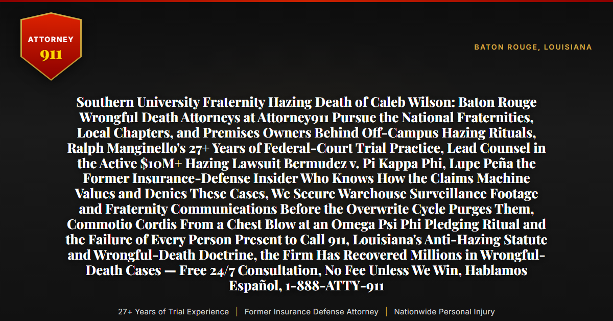 Southern University Fraternity Hazing Death of Caleb Wilson: Baton Rouge Wrongful Death Attorneys at Attorney911 Pursue the National Fraternities, Local Chapters, and Premises Owners Behind Off-Campus Hazing Rituals, Ralph Manginello's 27+ Years of Federal-Court Trial Practice, Lead Counsel in the Active $10M+ Hazing Lawsuit Bermudez v. Pi Kappa Phi, Lupe Peña the Former Insurance-Defense Insider Who Knows How the Claims Machine Values and Denies These Cases, We Secure Warehouse Surveillance Footage and Fraternity Communications Before the Overwrite Cycle Purges Them, Commotio Cordis From a Chest Blow at an Omega Psi Phi Pledging Ritual and the Failure of Every Person Present to Call 911, Louisiana's Anti-Hazing Statute and Wrongful-Death Doctrine, the Firm Has Recovered Millions in Wrongful-Death Cases — Free 24/7 Consultation, No Fee Unless We Win, Hablamos Español, 1-888-ATTY-911 - Attorney911