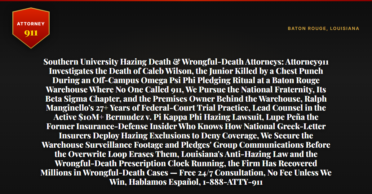 Southern University Hazing Death & Wrongful-Death Attorneys: Attorney911 Investigates the Death of Caleb Wilson, the Junior Killed by a Chest Punch During an Off-Campus Omega Psi Phi Pledging Ritual at a Baton Rouge Warehouse Where No One Called 911, We Pursue the National Fraternity, Its Beta Sigma Chapter, and the Premises Owner Behind the Warehouse, Ralph Manginello's 27+ Years of Federal-Court Trial Practice, Lead Counsel in the Active $10M+ Bermudez v. Pi Kappa Phi Hazing Lawsuit, Lupe Peña the Former Insurance-Defense Insider Who Knows How National Greek-Letter Insurers Deploy Hazing Exclusions to Deny Coverage, We Secure the Warehouse Surveillance Footage and Pledges' Group Communications Before the Overwrite Loop Erases Them, Louisiana's Anti-Hazing Law and the Wrongful-Death Prescription Clock Running, the Firm Has Recovered Millions in Wrongful-Death Cases — Free 24/7 Consultation, No Fee Unless We Win, Hablamos Español, 1-888-ATTY-911 - Attorney911