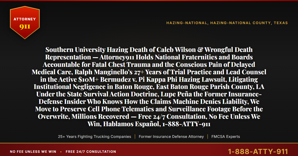 Southern University Hazing Death of Caleb Wilson & Wrongful Death Representation — Attorney911 Holds National Fraternities and Boards Accountable for Fatal Chest Trauma and the Conscious Pain of Delayed Medical Care, Ralph Manginello’s 27+ Years of Trial Practice and Lead Counsel in the Active $10M+ Bermudez v. Pi Kappa Phi Hazing Lawsuit, Litigating Institutional Negligence in Baton Rouge, East Baton Rouge Parish County, LA Under the State Survival Action Doctrine, Lupe Peña the Former Insurance-Defense Insider Who Knows How the Claims Machine Denies Liability, We Move to Preserve Cell Phone Telematics and Surveillance Footage Before the Overwrite, Millions Recovered — Free 24/7 Consultation, No Fee Unless We Win, Hablamos Español, 1-888-ATTY-911 - Attorney911