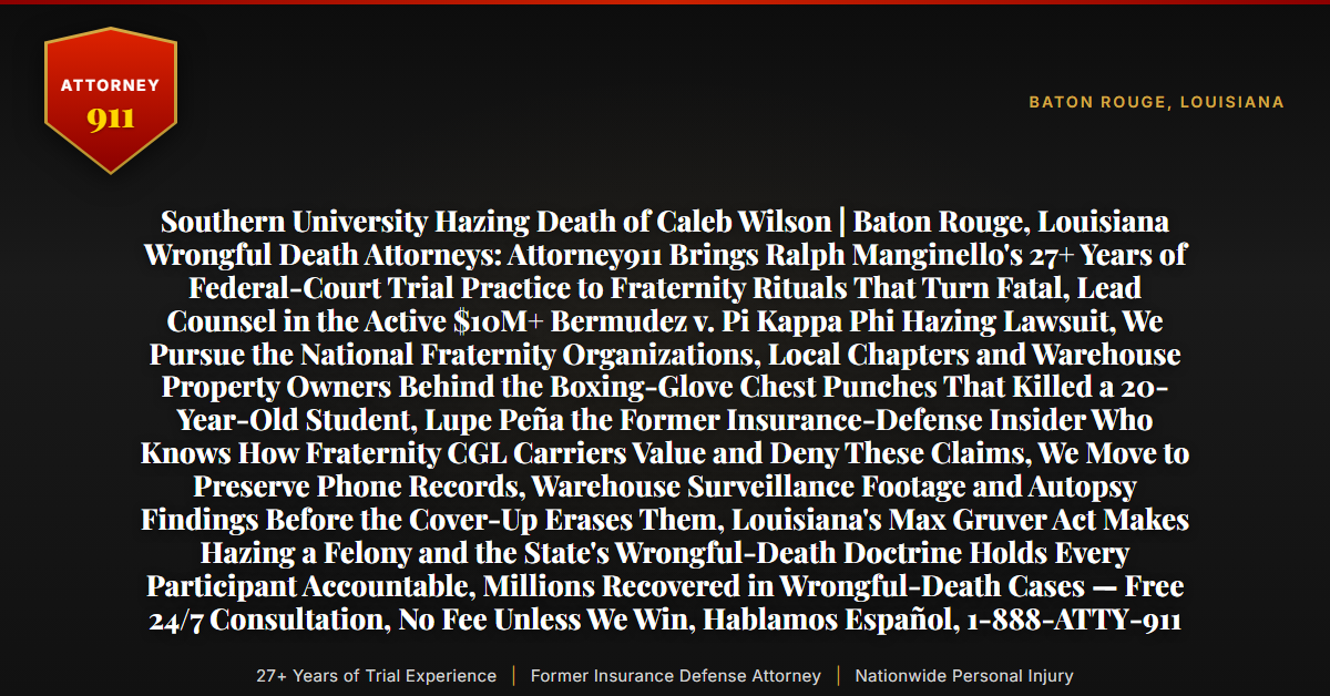 Southern University Hazing Death of Caleb Wilson | Baton Rouge, Louisiana Wrongful Death Attorneys: Attorney911 Brings Ralph Manginello's 27+ Years of Federal-Court Trial Practice to Fraternity Rituals That Turn Fatal, Lead Counsel in the Active $10M+ Bermudez v. Pi Kappa Phi Hazing Lawsuit, We Pursue the National Fraternity Organizations, Local Chapters and Warehouse Property Owners Behind the Boxing-Glove Chest Punches That Killed a 20-Year-Old Student, Lupe Peña the Former Insurance-Defense Insider Who Knows How Fraternity CGL Carriers Value and Deny These Claims, We Move to Preserve Phone Records, Warehouse Surveillance Footage and Autopsy Findings Before the Cover-Up Erases Them, Louisiana's Max Gruver Act Makes Hazing a Felony and the State's Wrongful-Death Doctrine Holds Every Participant Accountable, Millions Recovered in Wrongful-Death Cases — Free 24/7 Consultation, No Fee Unless We Win, Hablamos Español, 1-888-ATTY-911 - Attorney911