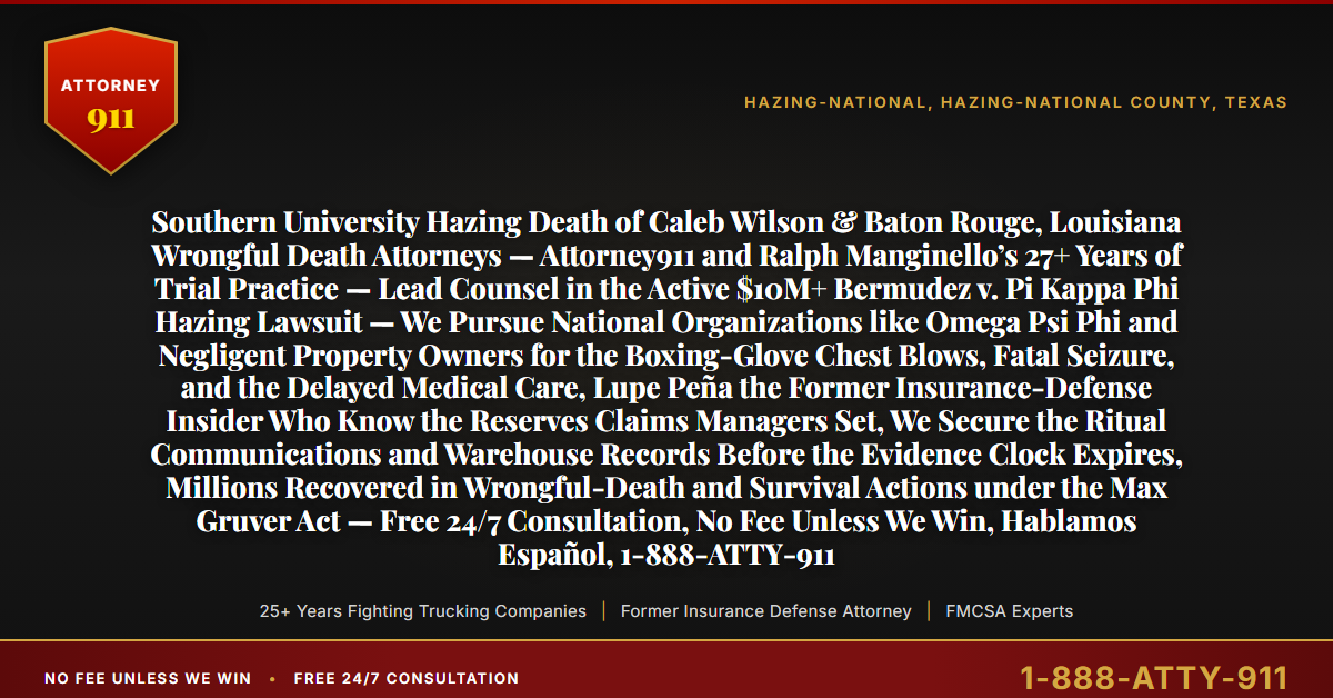 Southern University Hazing Death of Caleb Wilson & Baton Rouge, Louisiana Wrongful Death Attorneys — Attorney911 and Ralph Manginello’s 27+ Years of Trial Practice — Lead Counsel in the Active $10M+ Bermudez v. Pi Kappa Phi Hazing Lawsuit — We Pursue National Organizations like Omega Psi Phi and Negligent Property Owners for the Boxing-Glove Chest Blows, Fatal Seizure, and the Delayed Medical Care, Lupe Peña the Former Insurance-Defense Insider Who Know the Reserves Claims Managers Set, We Secure the Ritual Communications and Warehouse Records Before the Evidence Clock Expires, Millions Recovered in Wrongful-Death and Survival Actions under the Max Gruver Act — Free 24/7 Consultation, No Fee Unless We Win, Hablamos Español, 1-888-ATTY-911 - Attorney911
