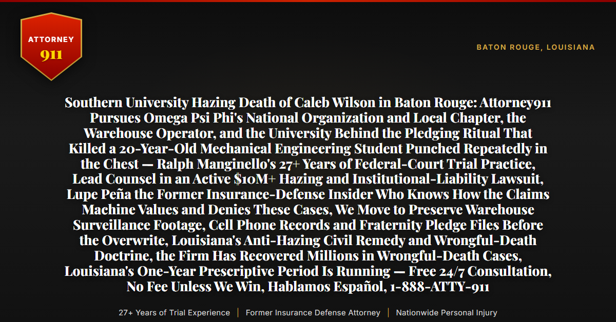 Southern University Hazing Death of Caleb Wilson in Baton Rouge: Attorney911 Pursues Omega Psi Phi's National Organization and Local Chapter, the Warehouse Operator, and the University Behind the Pledging Ritual That Killed a 20-Year-Old Mechanical Engineering Student Punched Repeatedly in the Chest — Ralph Manginello's 27+ Years of Federal-Court Trial Practice, Lead Counsel in an Active $10M+ Hazing and Institutional-Liability Lawsuit, Lupe Peña the Former Insurance-Defense Insider Who Knows How the Claims Machine Values and Denies These Cases, We Move to Preserve Warehouse Surveillance Footage, Cell Phone Records and Fraternity Pledge Files Before the Overwrite, Louisiana's Anti-Hazing Civil Remedy and Wrongful-Death Doctrine, the Firm Has Recovered Millions in Wrongful-Death Cases, Louisiana's One-Year Prescriptive Period Is Running — Free 24/7 Consultation, No Fee Unless We Win, Hablamos Español, 1-888-ATTY-911 - Attorney911