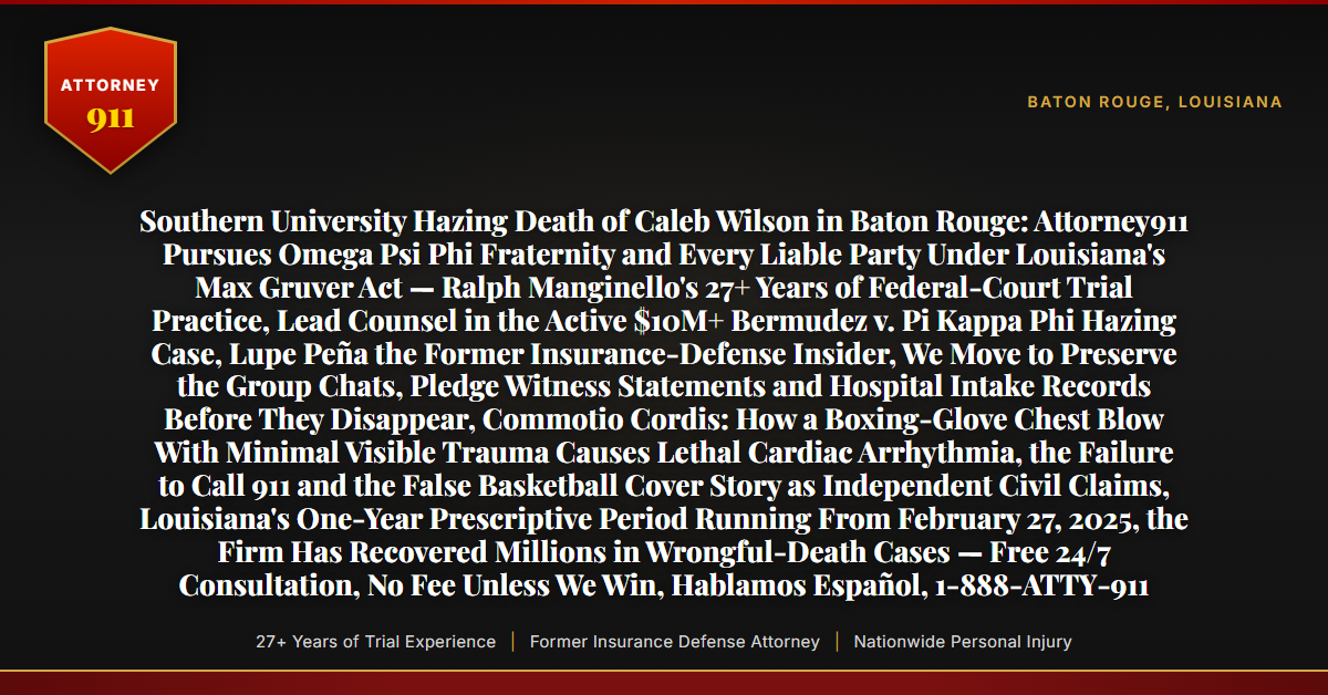 Southern University Hazing Death of Caleb Wilson in Baton Rouge: Attorney911 Pursues Omega Psi Phi Fraternity and Every Liable Party Under Louisiana's Max Gruver Act — Ralph Manginello's 27+ Years of Federal-Court Trial Practice, Lead Counsel in the Active $10M+ Bermudez v. Pi Kappa Phi Hazing Case, Lupe Peña the Former Insurance-Defense Insider, We Move to Preserve the Group Chats, Pledge Witness Statements and Hospital Intake Records Before They Disappear, Commotio Cordis: How a Boxing-Glove Chest Blow With Minimal Visible Trauma Causes Lethal Cardiac Arrhythmia, the Failure to Call 911 and the False Basketball Cover Story as Independent Civil Claims, Louisiana's One-Year Prescriptive Period Running From February 27, 2025, the Firm Has Recovered Millions in Wrongful-Death Cases — Free 24/7 Consultation, No Fee Unless We Win, Hablamos Español, 1-888-ATTY-911 - Attorney911