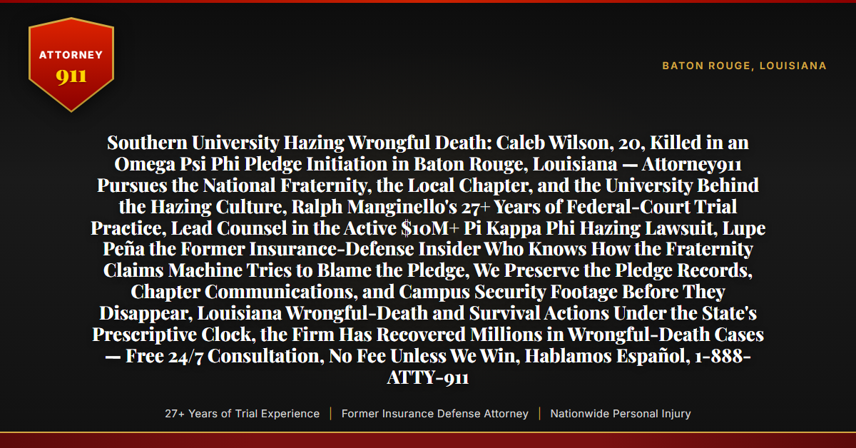 Southern University Hazing Wrongful Death: Caleb Wilson, 20, Killed in an Omega Psi Phi Pledge Initiation in Baton Rouge, Louisiana — Attorney911 Pursues the National Fraternity, the Local Chapter, and the University Behind the Hazing Culture, Ralph Manginello's 27+ Years of Federal-Court Trial Practice, Lead Counsel in the Active $10M+ Pi Kappa Phi Hazing Lawsuit, Lupe Peña the Former Insurance-Defense Insider Who Knows How the Fraternity Claims Machine Tries to Blame the Pledge, We Preserve the Pledge Records, Chapter Communications, and Campus Security Footage Before They Disappear, Louisiana Wrongful-Death and Survival Actions Under the State's Prescriptive Clock, the Firm Has Recovered Millions in Wrongful-Death Cases — Free 24/7 Consultation, No Fee Unless We Win, Hablamos Español, 1-888-ATTY-911 - Attorney911