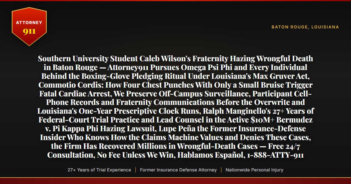 Southern University Student Caleb Wilson's Fraternity Hazing Wrongful Death in Baton Rouge — Attorney911 Pursues Omega Psi Phi and Every Individual Behind the Boxing-Glove Pledging Ritual Under Louisiana's Max Gruver Act, Commotio Cordis: How Four Chest Punches With Only a Small Bruise Trigger Fatal Cardiac Arrest, We Preserve Off-Campus Surveillance, Participant Cell-Phone Records and Fraternity Communications Before the Overwrite and Louisiana's One-Year Prescriptive Clock Runs, Ralph Manginello's 27+ Years of Federal-Court Trial Practice and Lead Counsel in the Active $10M+ Bermudez v. Pi Kappa Phi Hazing Lawsuit, Lupe Peña the Former Insurance-Defense Insider Who Knows How the Claims Machine Values and Denies These Cases, the Firm Has Recovered Millions in Wrongful-Death Cases — Free 24/7 Consultation, No Fee Unless We Win, Hablamos Español, 1-888-ATTY-911 - Attorney911
