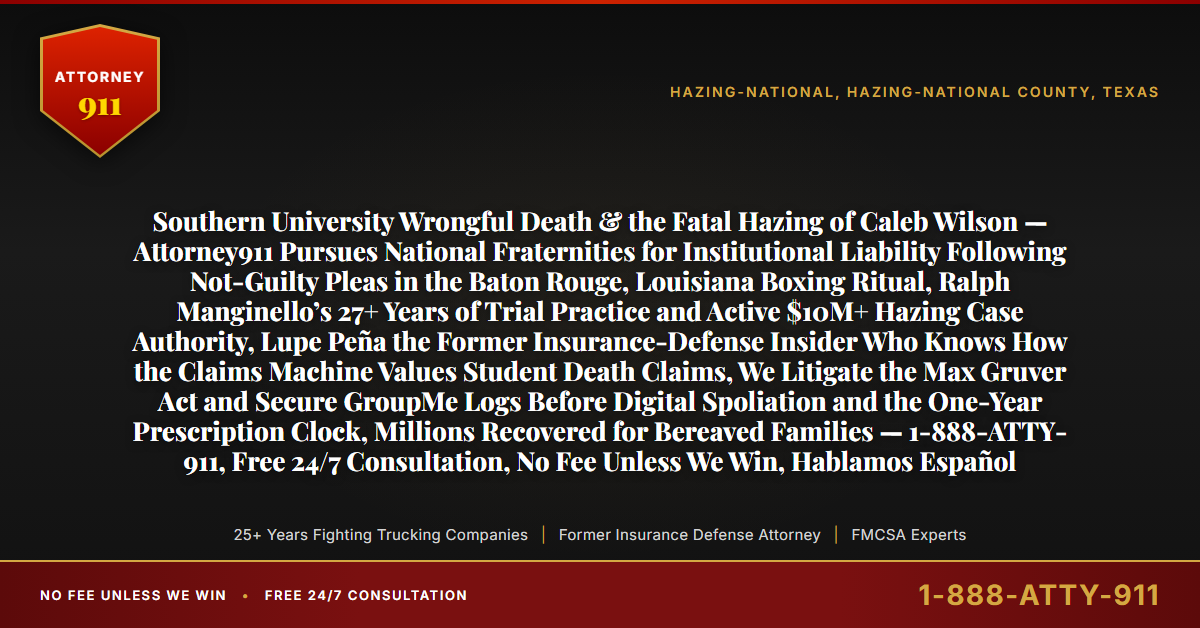 Southern University Wrongful Death & the Fatal Hazing of Caleb Wilson — Attorney911 Pursues National Fraternities for Institutional Liability Following Not-Guilty Pleas in the Baton Rouge, Louisiana Boxing Ritual, Ralph Manginello’s 27+ Years of Trial Practice and Active $10M+ Hazing Case Authority, Lupe Peña the Former Insurance-Defense Insider Who Knows How the Claims Machine Values Student Death Claims, We Litigate the Max Gruver Act and Secure GroupMe Logs Before Digital Spoliation and the One-Year Prescription Clock, Millions Recovered for Bereaved Families — 1-888-ATTY-911, Free 24/7 Consultation, No Fee Unless We Win, Hablamos Español - Attorney911